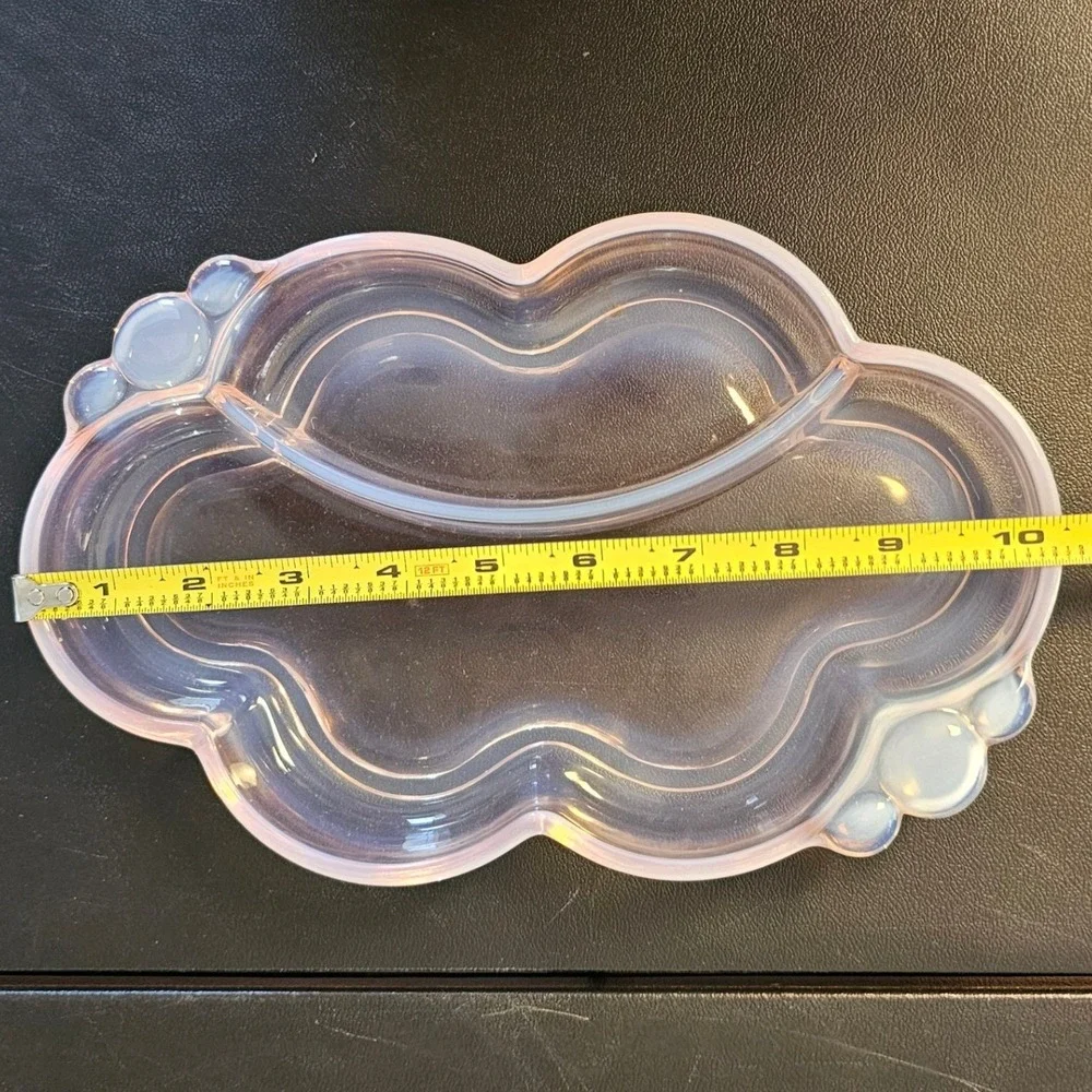 Iridescent Opalescent Glass Cloud Vanity Tray Divided Trinket Dish Pink Blue